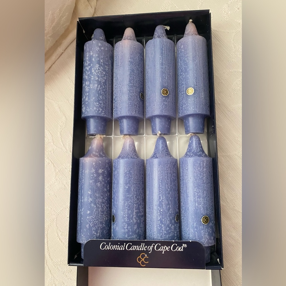 Vintage Set of 8 Historic Blue Candles by Colonial Candle of Cape Cod
